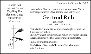 Traueranzeige von Gertrud Rüb von Gmünder Tagespost