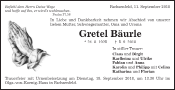 Traueranzeige von Gretel Bäurle von Schwäbische Post