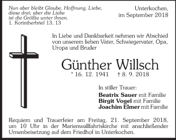 Traueranzeige von Günther Willsch von Schwäbische Post