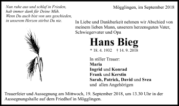 Traueranzeige von Hans Bieg von Gmünder Tagespost