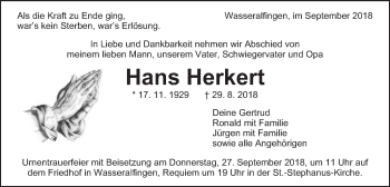 Traueranzeige von Hans Herkert von Schwäbische Post