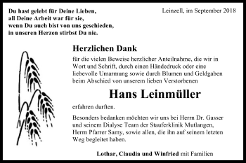 Traueranzeige von Hans Leinmüller von Gmünder Tagespost