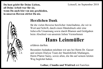 Traueranzeige von Hans Leinmüller