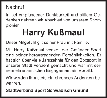 Traueranzeige von Harry Kußmaul von Gmünder Tagespost