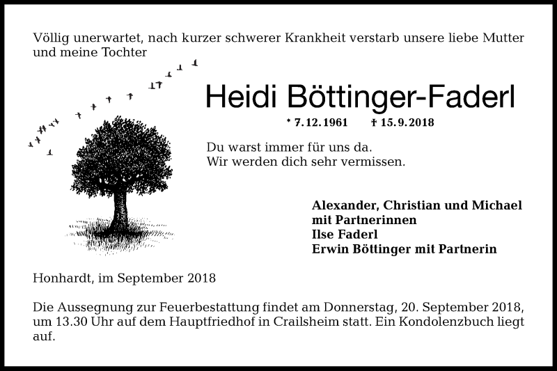  Traueranzeige für Heidi Böttinger-Faderl vom 18.09.2018 aus Schwäbische Post