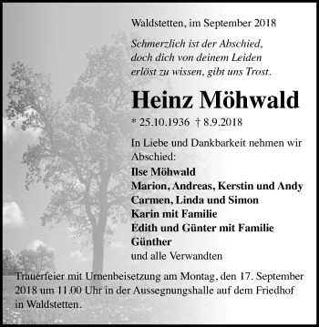 Traueranzeige von Heinz Möhwald von Gmünder Tagespost