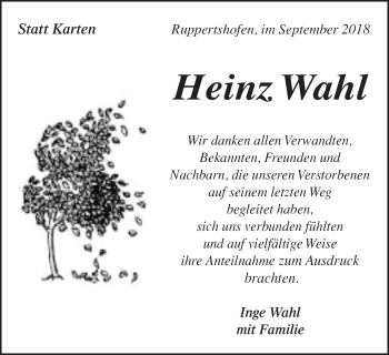 Traueranzeige von Heinz Wahl von Gmünder Tagespost