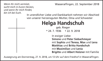Traueranzeige von Helga Handschuh von Schwäbische Post