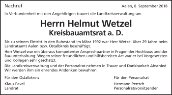 Traueranzeige von Helmut Wetze von Schwäbische Post