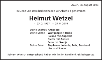Traueranzeige von Helmut Wetzel von Schwäbische Post