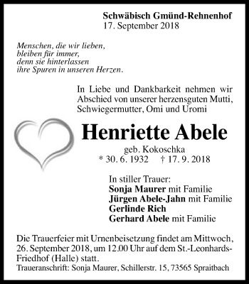 Traueranzeige von Henriette Abele von Gmünder Tagespost