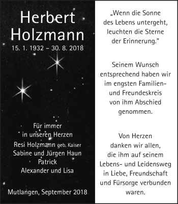 Traueranzeige von Herbert Holzmann von Gmünder Tagespost