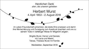 Traueranzeige von Herbert Wurst von Gmünder Tagespost