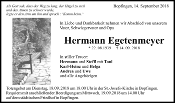 Traueranzeige von Hermann Egetenmeyer von Schwäbische Post