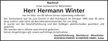 Traueranzeige von Hermann Winter von Schwäbische Post