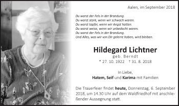 Traueranzeige von Hildegard Lichtner von Schwäbische Post