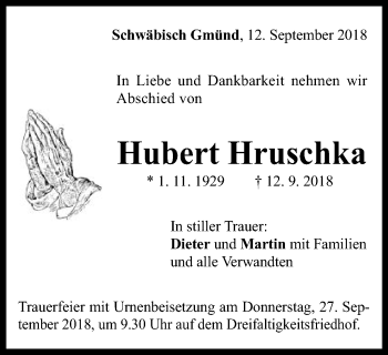 Traueranzeige von Hubert Hruschka von Gmünder Tagespost