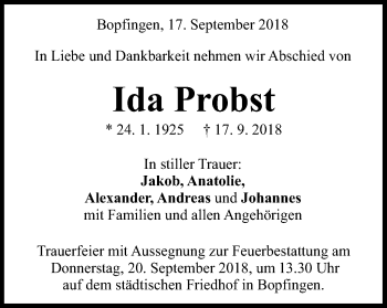 Traueranzeige von Ida Probst von Schwäbische Post