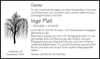 Traueranzeige von Inge Pleli von Gmünder Tagespost