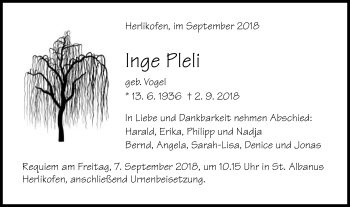 Traueranzeige von Inge Pleli von Gmünder Tagespost