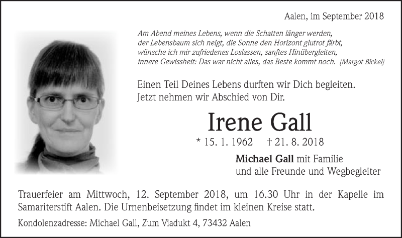  Traueranzeige für Irene Gall vom 08.09.2018 aus Schwäbische Post