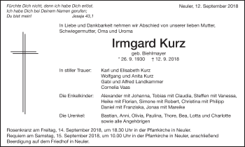 Traueranzeige von Irmgard Kurz von Schwäbische Post