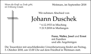 Traueranzeige von Johann Duschek von Gmünder Tagespost