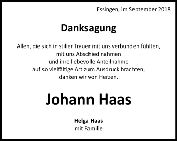 Traueranzeige von Johann Haas von Schwäbische Post
