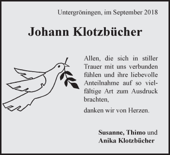 Traueranzeige von Johann Klotzbücher von Schwäbische Post