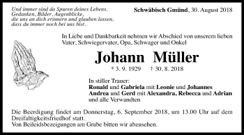 Traueranzeige von Johann Müller von Gmünder Tagespost