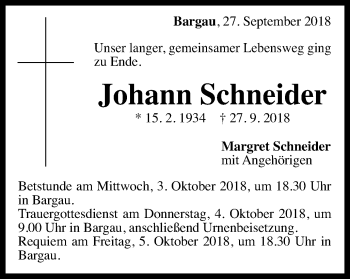 Traueranzeige von Johann Schneider von Gmünder Tagespost