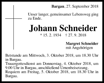 Traueranzeige von Johann Schneider