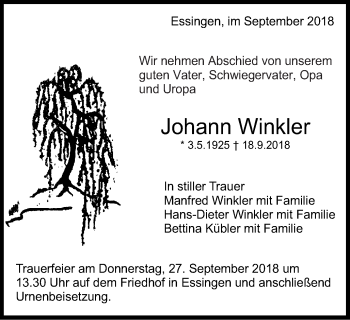 Traueranzeige von Johann Winkler von Schwäbische Post