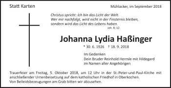 Traueranzeige von Johanna Lydia Haßinger von Schwäbische Post