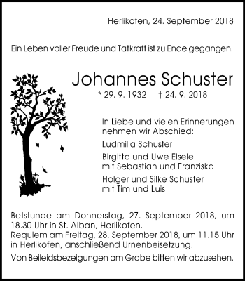 Traueranzeige von Johannes Schuster von Gmünder Tagespost