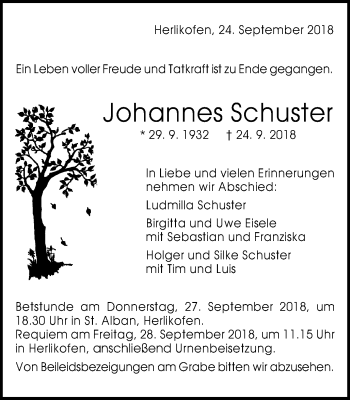 Traueranzeige von Johannes Schuster