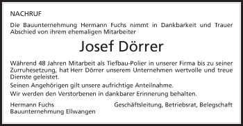 Traueranzeige von Josef Dörrer von Schwäbische Post