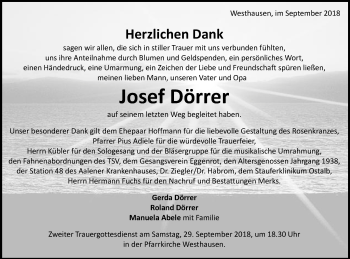 Traueranzeige von Josef Dörrer von Schwäbische Post