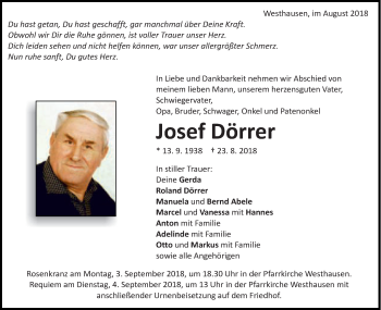 Traueranzeige von Josef Dörrer von Schwäbische Post