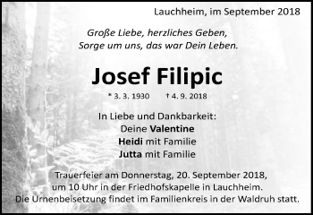 Traueranzeige von Josef Filipic von Schwäbische Post