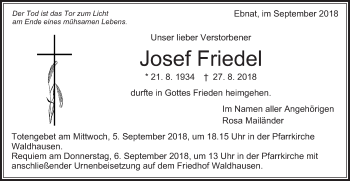 Traueranzeige von Josef Friedel von Schwäbische Post