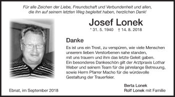 Traueranzeige von Josef Lonek von Schwäbische Post