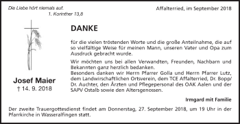 Traueranzeige von Josef Maier von Schwäbische Post
