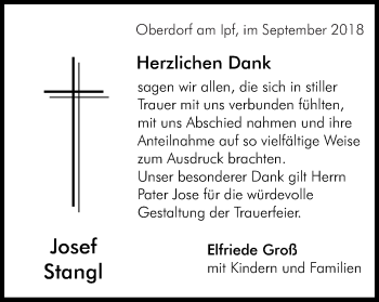 Traueranzeige von Josef Stangl von Bopfinger Stadtanzeiger