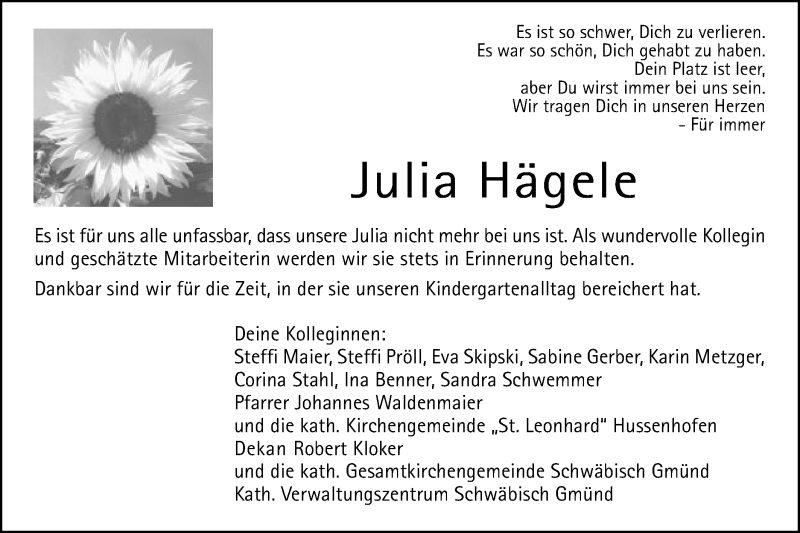  Traueranzeige für Julia Hägele vom 20.09.2018 aus Gmünder Tagespost