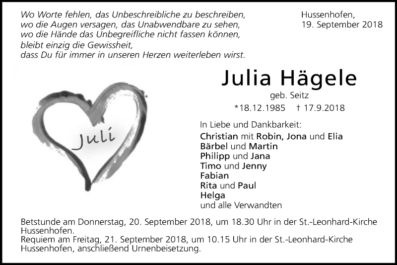  Traueranzeige für Julia Hägele vom 19.09.2018 aus Gmünder Tagespost