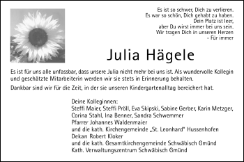 Traueranzeige von Julia Hägele von Gmünder Tagespost