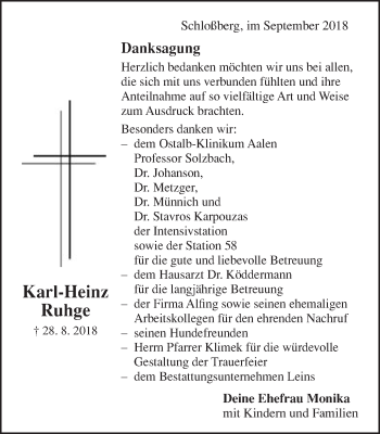 Traueranzeige von Karl-Heinz Ruhge von Bopfinger Stadtanzeiger