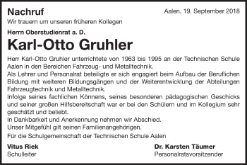 Traueranzeige von Karl-Otto Gruhler von Schwäbische Post
