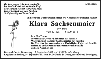 Traueranzeige von Klara Sachsenmaier von Gmünder Tagespost